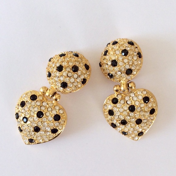 Vintage Joan Rivers Crystal Heart Earrings - Picture 1 of 8